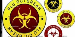 swine influenza pandemic outbreak warning tape plates labels and stickers with the biohazard symbol