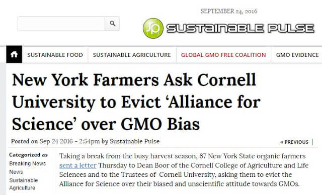 The headlines at Sustainable Pulse present the argument against Alliance for Science. It is, "We don't like that the evidence fails to support our beliefs, so we want you to stop talking about it."