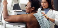 Woman receives mammogram