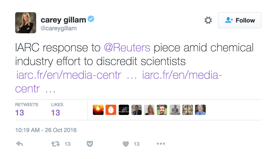 At 12:15 central time, Gillam posts her tweet with IARC's response