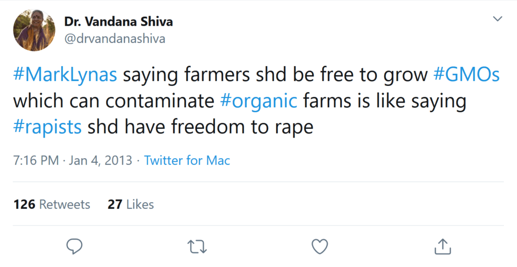 screenshot dr vandana shiva on twitter marklynas saying farmers shd be free to grow gmos which can contaminate