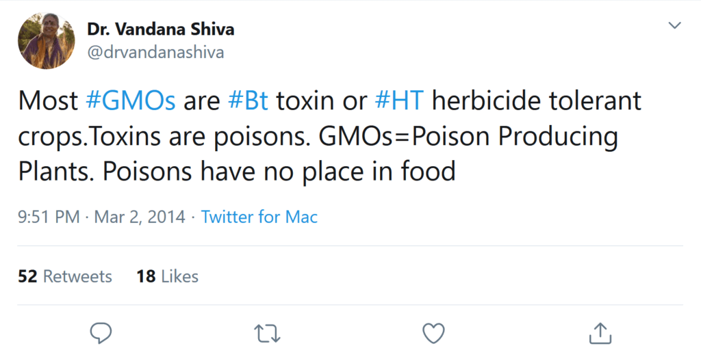 screenshot dr vandana shiva on twitter most gmos are bt toxin or ht herbicide tolerant crops toxins are poiso