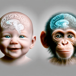 Humans are born with a brain developed roughly equivalent to small primates, and then it grows quickly while animal growth stalls