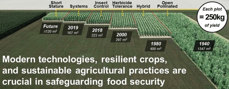 ¿Cómo podemos alimentar a una población mundial que se ha triplicado desde 1940?  Impulsada por la modificación genética, la producción de cultivos consume de 8 a 11 veces menos tierra y al mismo tiempo mantiene la productividad