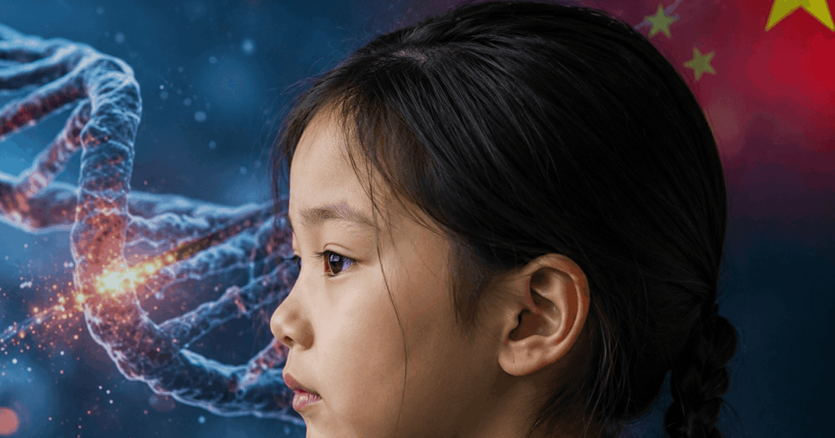 Illustration referencing gene-editing research and China's biomedical trials