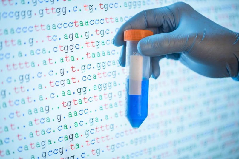 genetic testing shown by dna sample in front of screen showing code sequence