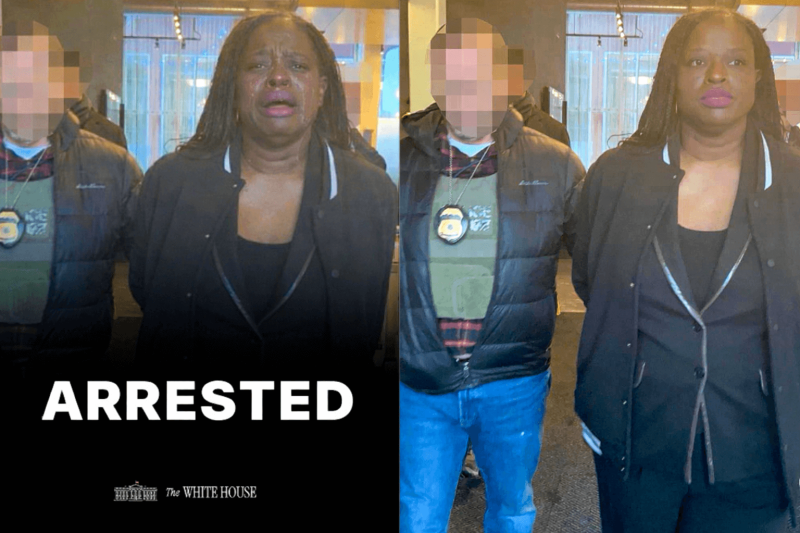 Two images of Nicole Levy Armstrong. Right: the original photo Left: an AI-altered image posted by the White House's official X account. Credit: @WHITEHOUSE; @SEC_NOEM VIA X