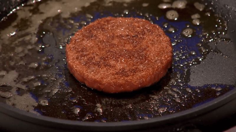 The first cultivated meat hamburger being fried. Credit: World Economic Forum via CC-BY-3.0