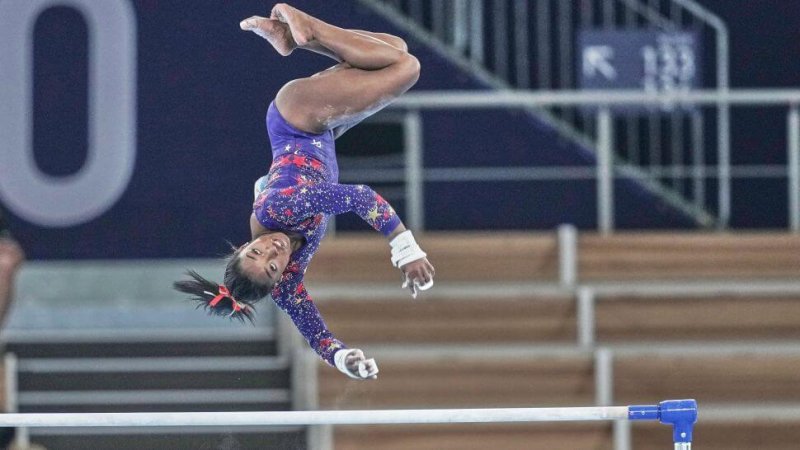 Simone Biles during women's qualification for the Artistic Gymnastics final at the 2021 Olympics. Credit: Ulrik Pedersen/NurPhoto/Getty Images