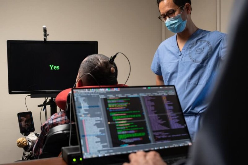 Dr. Eddie Chang, a neurosurgeon at the University of California, San Francisco Medical School helped Pancho, a man paralyzed since age 20, speak through an implant in his brain that connects to a computer program. Credit: Mike Kai Chen/The New York Times