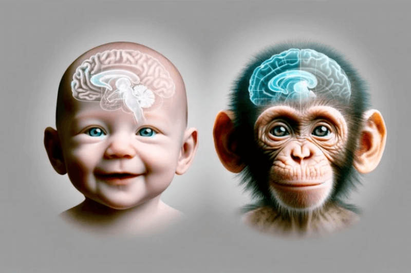 Humans are born with a brain developed roughly equivalent to small primates, and then it grows quickly while animal growth stalls