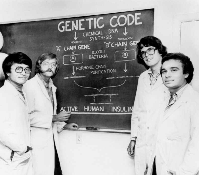 In 1978, (from left) Keiichi Itakura, Arthur Riggs, David Goeddel and Roberto Crea revolutionized diabetes treatment when, in collaboration with Genentech scientists, they used synthetic DNA chemistry and recombinant DNA technology to make a human insulin gene. Credit: Flickr
