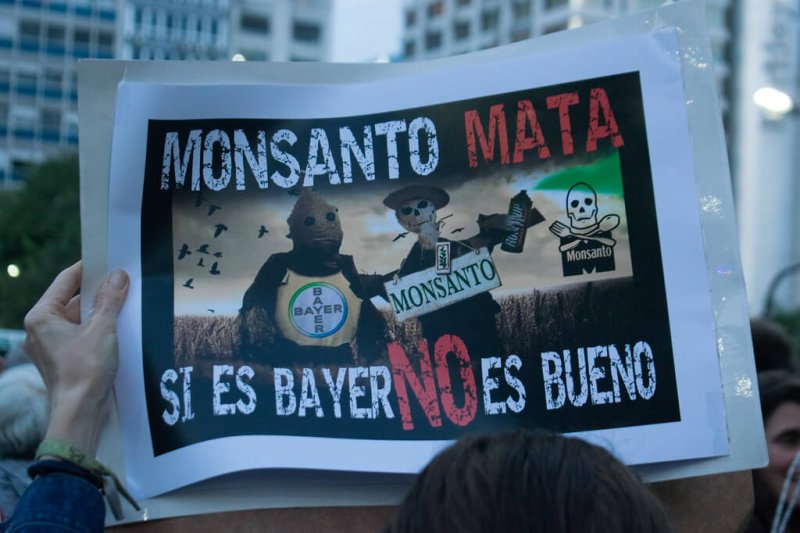 Protest sign reading "Monsanto kills. If it's Bayer, it's not good." Credit: Alexa Gallardo/Flickr