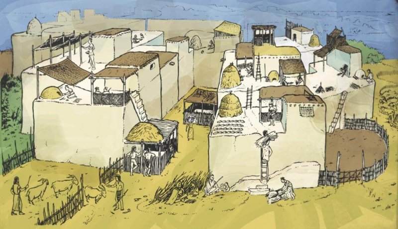 Illustration of Ҫatalhöyük , an ancient settlement that included small but diverse farming. Credit: John Swogger