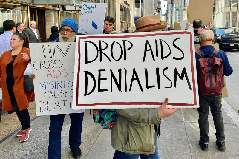 Members of ACT UP-NY and GLAAD protest outside of the NYC headquarters of Simon & Schuster. Courtesy ACT UP-NY