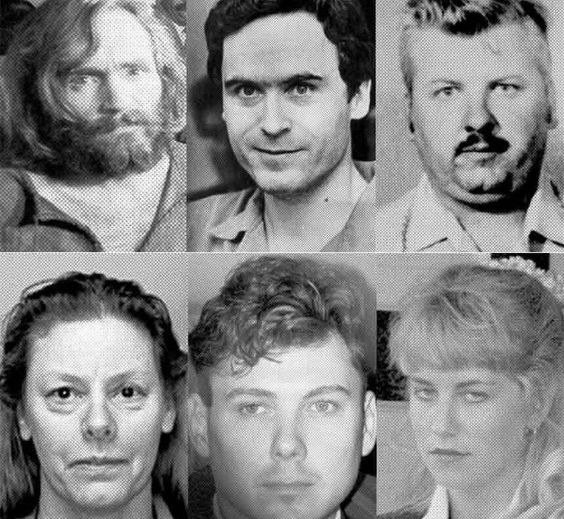 Clockwise, from top left: Charles Manson, Ted Bundy, John Wayne Gacy, Karla Homolka, Paul Bernardo, and Aileen Wuornos. Credit: Medium
