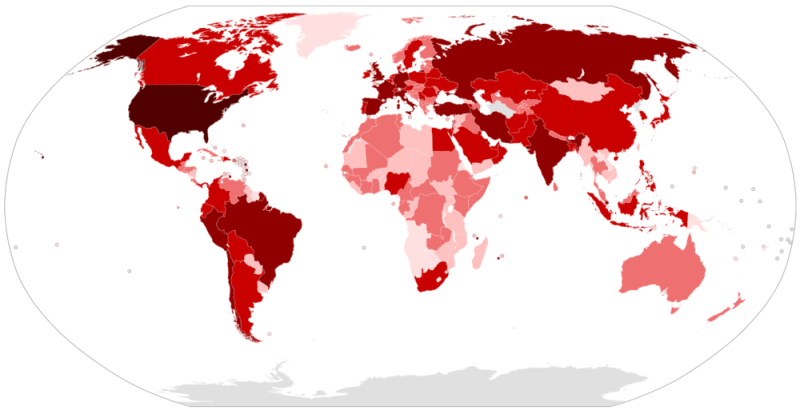 The spread of COVID-19 around the world as of 9th May 2020. The different shades of red convey the intensity with a deeper shade meaning more confirmed cases.