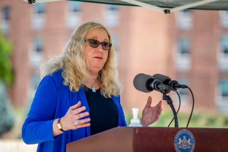 Assistant Secretary for Health Dr. Rachel Levine speaks at a press conference outside WellSpan York Hospital. Credit: Mark Pynes