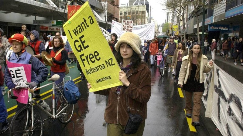 A protest march in New Zealand from 2003. Surveys show that the people are more open to GM crops now. Credit: Rob Kitchin via Stuff